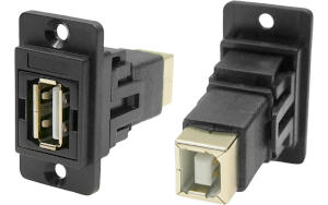 USB 2.0 A female to USB 2.0 B female slim plastic front or rear mounting feedthrough connector CP30709N
