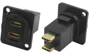 Dual USB-C female to USB-C male feedthrough socket
