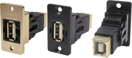 USB 2.0 A female to USB 2.0 B female slim metal front-mounting feedthrough connector CP30609NMX1, CP30609NMB