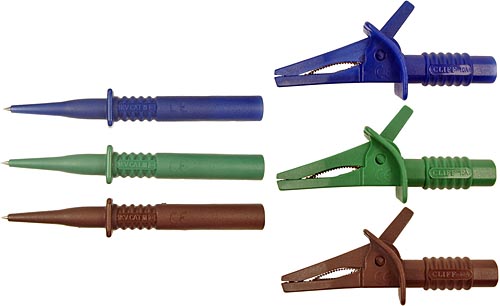 CIH29880 Three unfused probes and crocodile clips. Blue, Green, Brown.