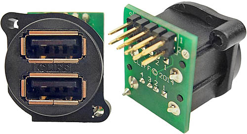 Dual USB Socket in XLR Shell with two five-way headers and earth